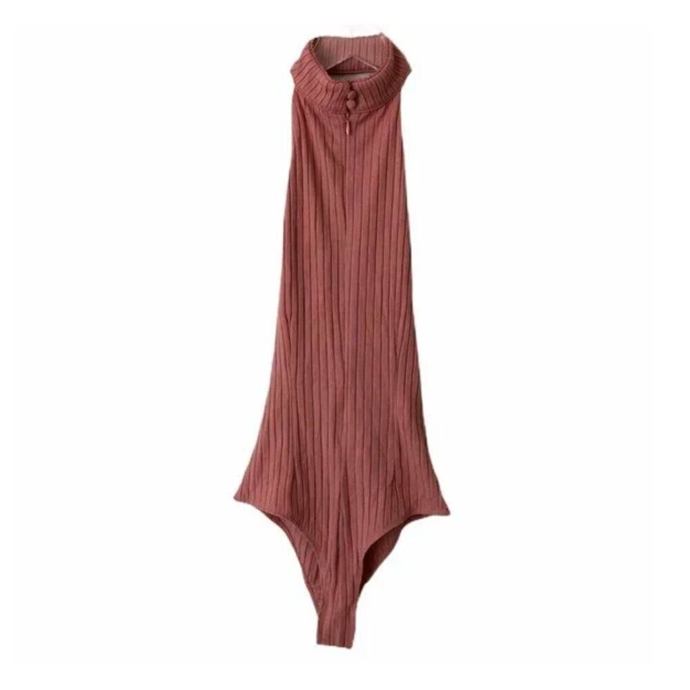 NWT NBD Revolve Pink Ribbed Mock Neck Zip Up Sleeveless Bodysuit Sz. S